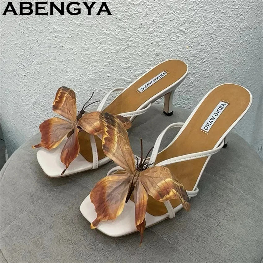 Multicolor Beautiful Butterfly Flip Flops Mules Slippers Women Square Open Toe Thin High Heels Flower Sandals Woman Summer 250228