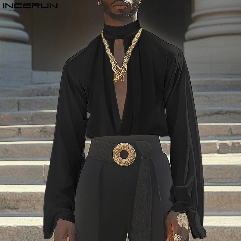 Casual Stand Collar Hollow Blouses INCERUN Men Long Sleeved Solid Color Shirts Fashion Loose Ruffled Edge Blouses 250224