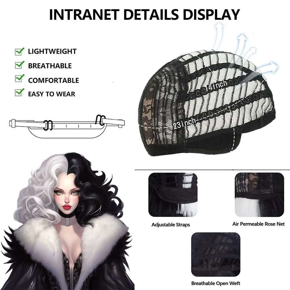Cruella De Vil Synthetic White And Black Cosplay Wigs For Halloween Long Straight Wig With Bangs/Short Curly Bob Wig/Afro Wig