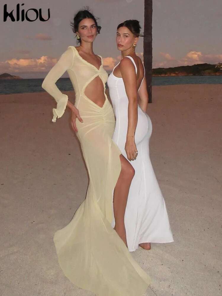 Kliou Solid Mesh Maxi Dresses Women Patchwork Hollow Out Long Sleeve Asymmetrical Beach Style Bodycon Female Concise Attirewear