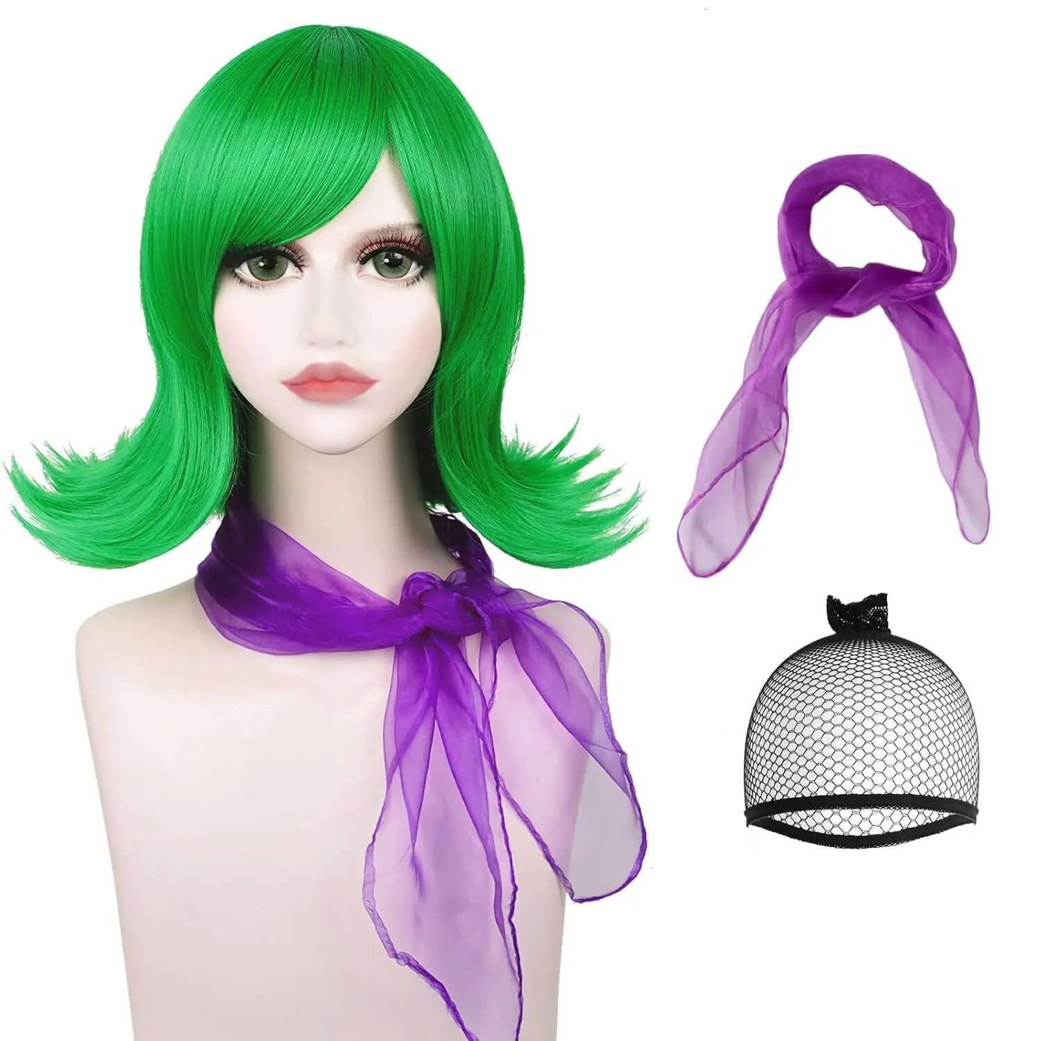 Wavy Cosplay Wig Short Synthetic Green Flip Out Hair With Purple Scarf For Women Costume Halloween Dress Up Party
