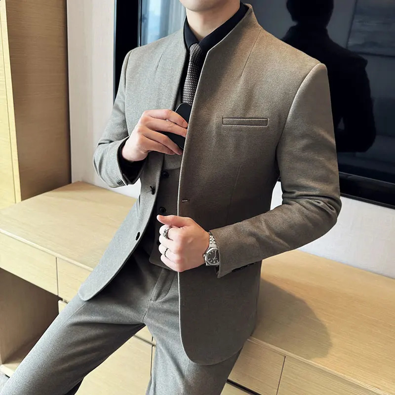 Korean Style Mens Suit Set Slim Fit Business Suit Wool Blazer Three Piece Set Elegant Social Formal Mens Clothing 5XL-M 250224