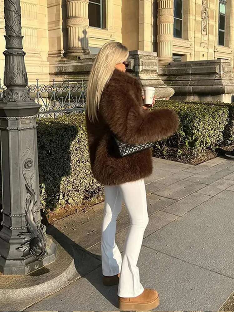 Winter Warm Fluffy Faux Coat Women Vintage Casual Solid Open Fur Coats Female Elegant Chic Loose Street Brown Outwear