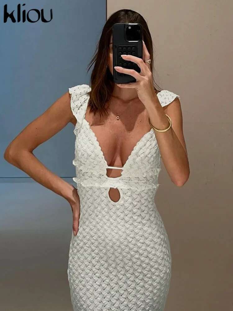 Kliou Patchwork Long Dress Women Summer Concise Romantic Ruffle Sexy Backless Crochet Vestidos Fashion Mujer Party Evening Wear