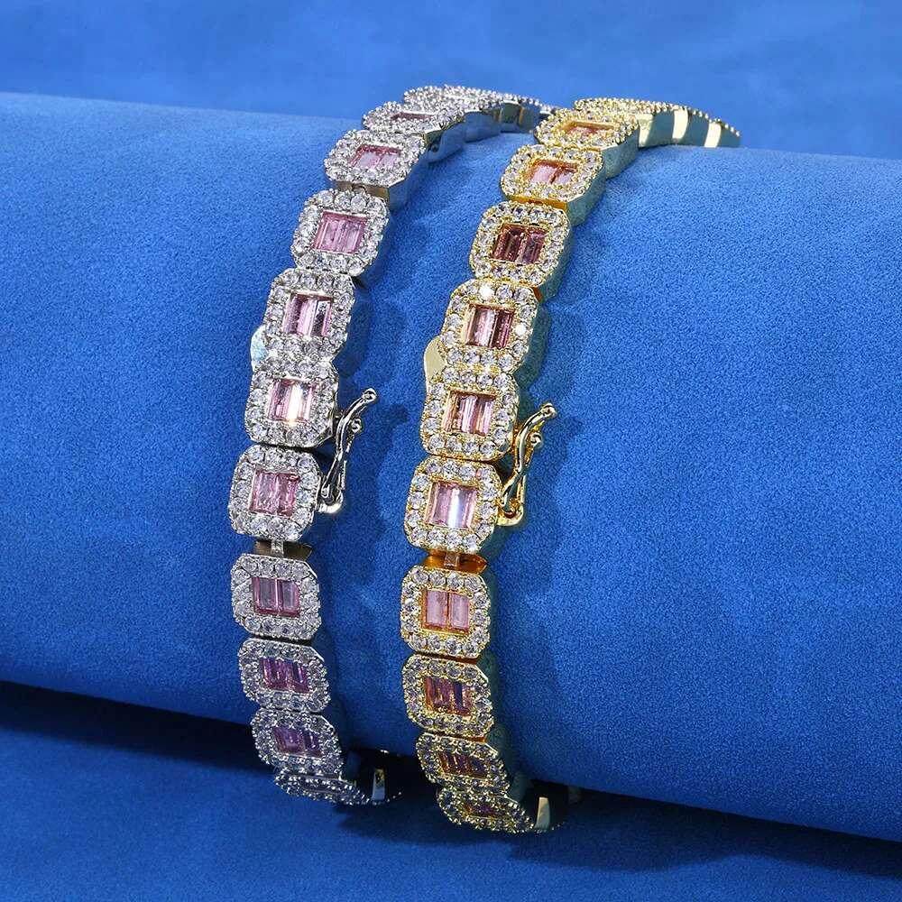 HHIOK Baby Pink CZ Tennis Choker Square Round AAAAA Zirconia Bg Necklace Bracelet Rapper Jewelry