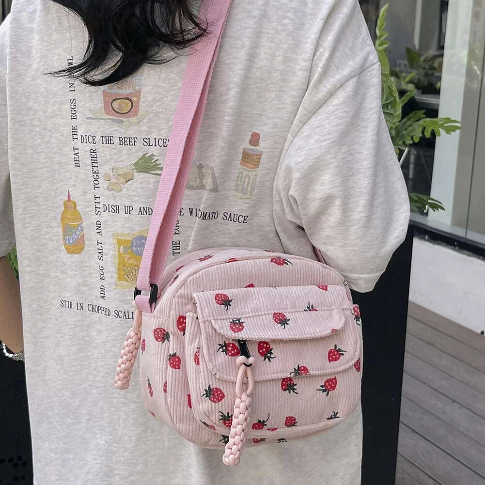 Cute Strawberry Fashion Slant Corduroy Shoulder Bag With Casual Zipper For Women