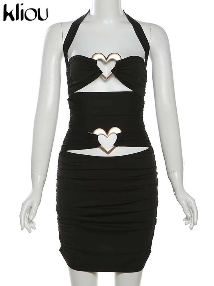 Kliou Heart Shape Decoration Women Mini Dress Sexy Halter Sleeveless Hollow Out Shirring Bodycon Female Midnight Trend Clubwear