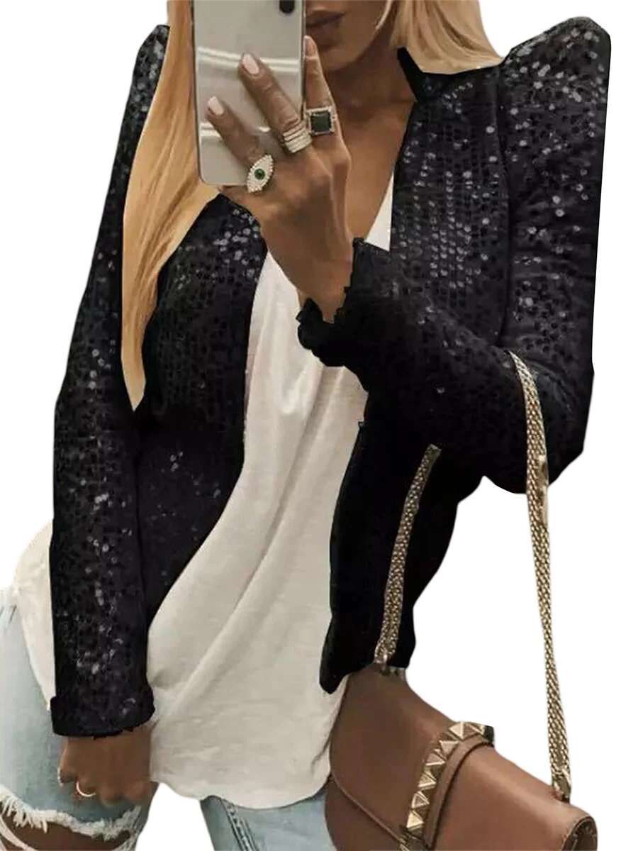 Women Sequin Jackets Long Sleeve Open Front Cardigan Coat Fall Tops Outerwear For Club Party