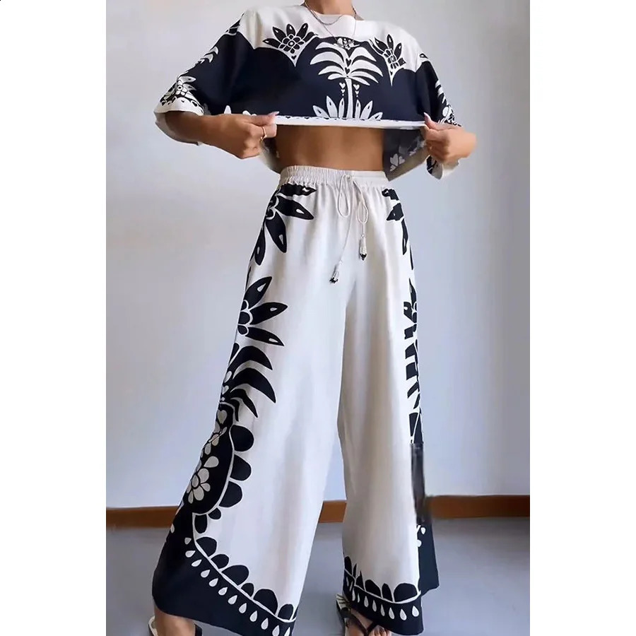 Vintage Print Woman Tank Top Trousers Suit O Neck Half Sleeved Loose T-shirt Pants 2pcs Set Elastic Waist Chic Vacation Outfit 250225