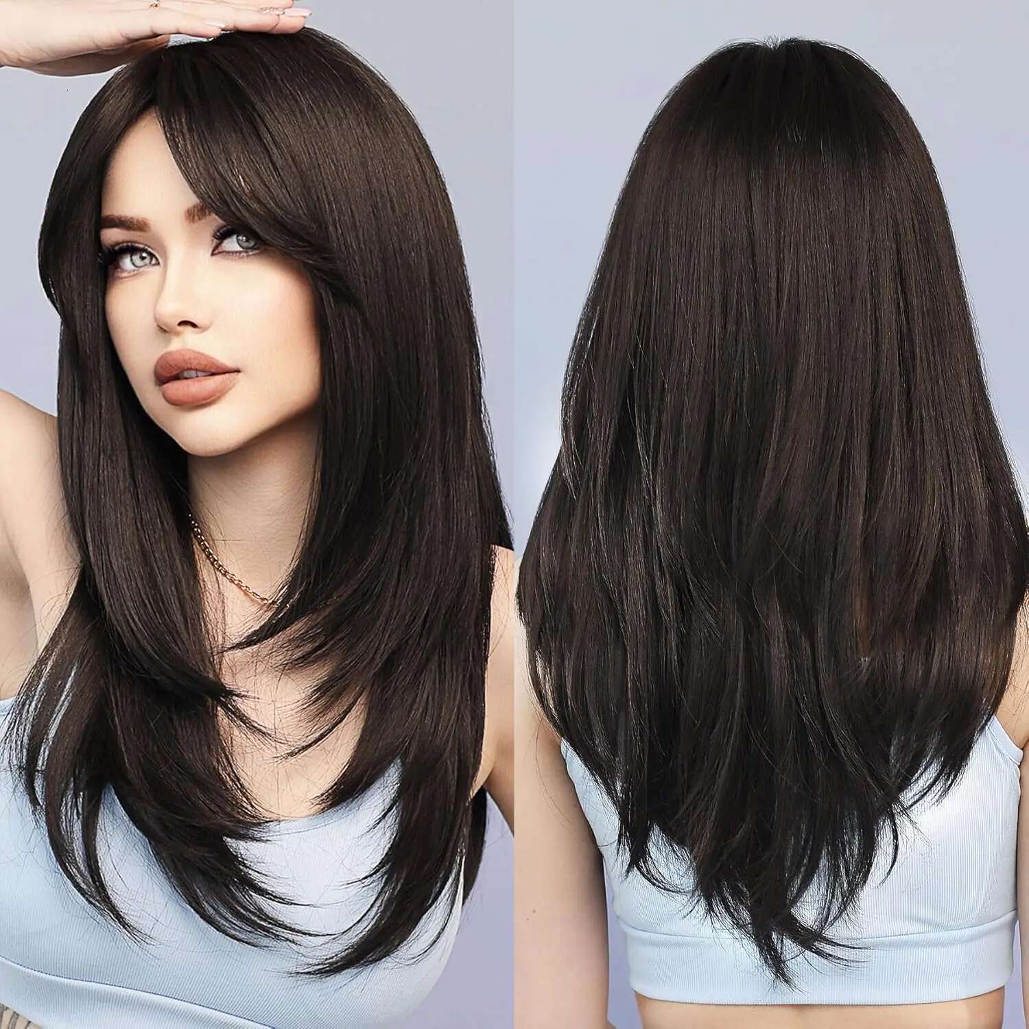 Long Synthetic Black Straight Wigs Women 22 Inch Realistic With Bangs Natural Layered Wig For Girls Daily Party