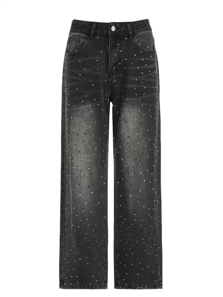 Cuteandpsycho Retro Rhinestone Loose Jeans Fashion Low Waist Pocket Zipper Pants Harajuku Fashion Street Womens Clothing Bottom 250225