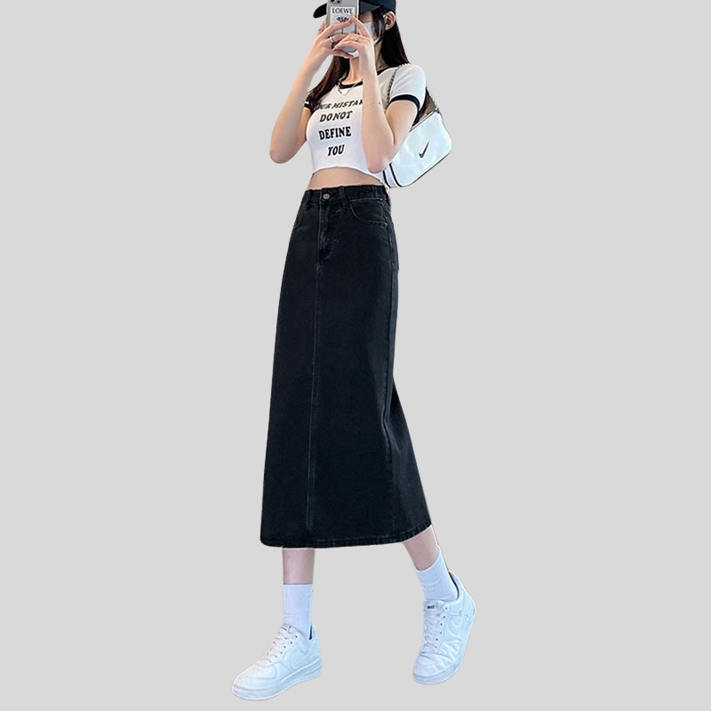 Spring women's clothing medium and long skirt high waist and thin A-shaped skirt spring clothing new denim split skirt