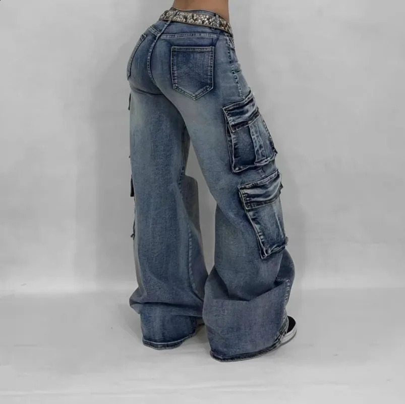 Y2K Washed Retro Jeans Fashion Niche Multi Pocket Street Clothing Zipper Cargo Pants Womens Hip Hop Bag Wide Leg Jeans 250224