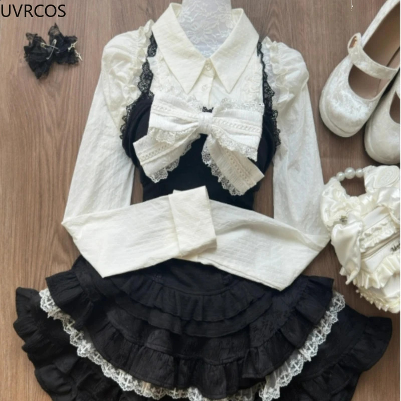 Y2k Aesthetic Lolita Style 3 Piece Set Women Kawaii White Shirt Bow Lace Vest Ruffle Mini Skirts Japan Fashion Gothic Skirt Suit 250225