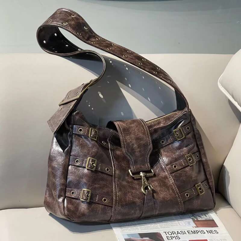 Moto & Biker Bags For Womens Designer Handbags And Purses New In PU Vintage Oil Wax Leather Belt Wide Strap Shoulder