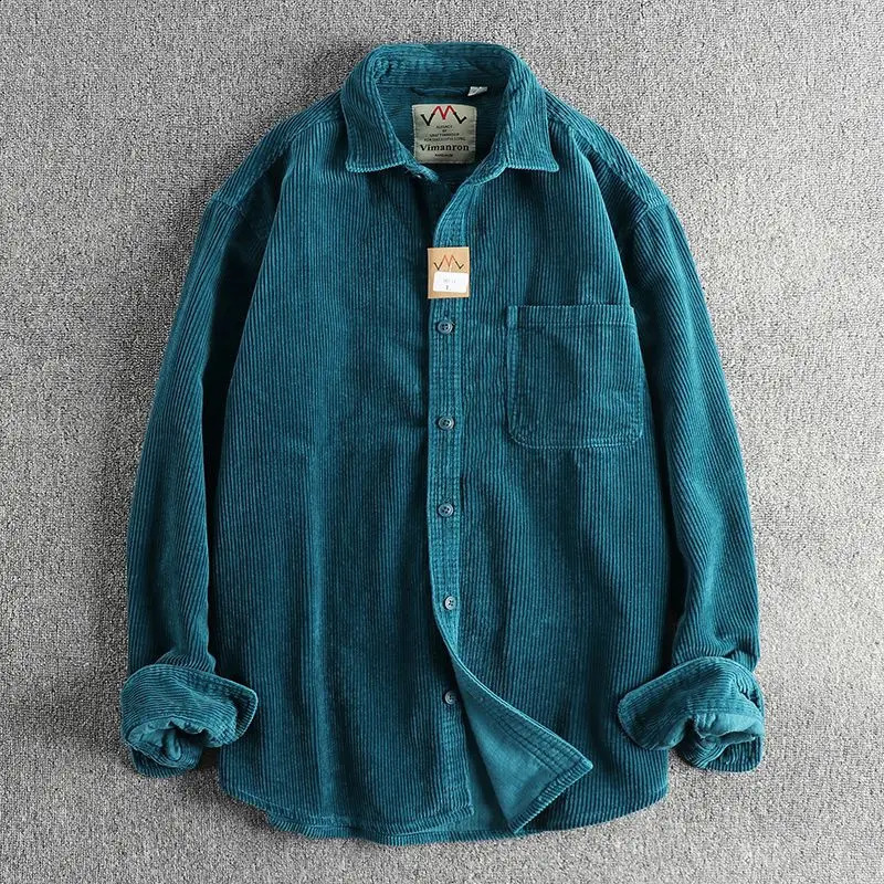 Spring and Autumn Mens Button Simple Casual American Loose Retro Pocket Collar Jacket Mens Autumn 250225
