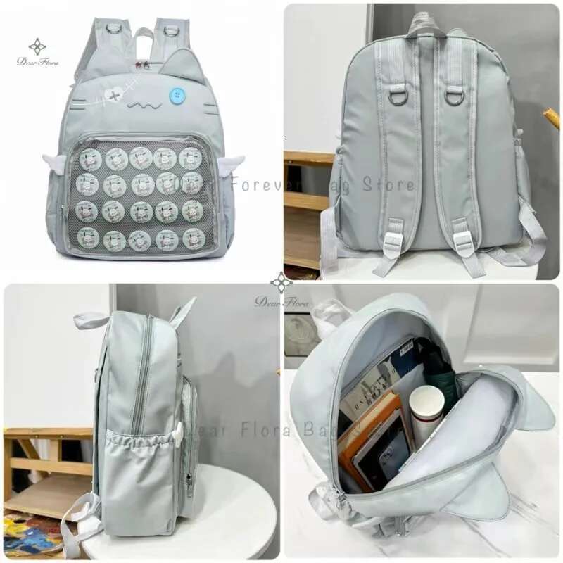 Y2k New Cute Cat Transparent Backpack Kawaii Haruku Girl Ita High-Capacity Student Knapsack Teenage DIY Display School Bag