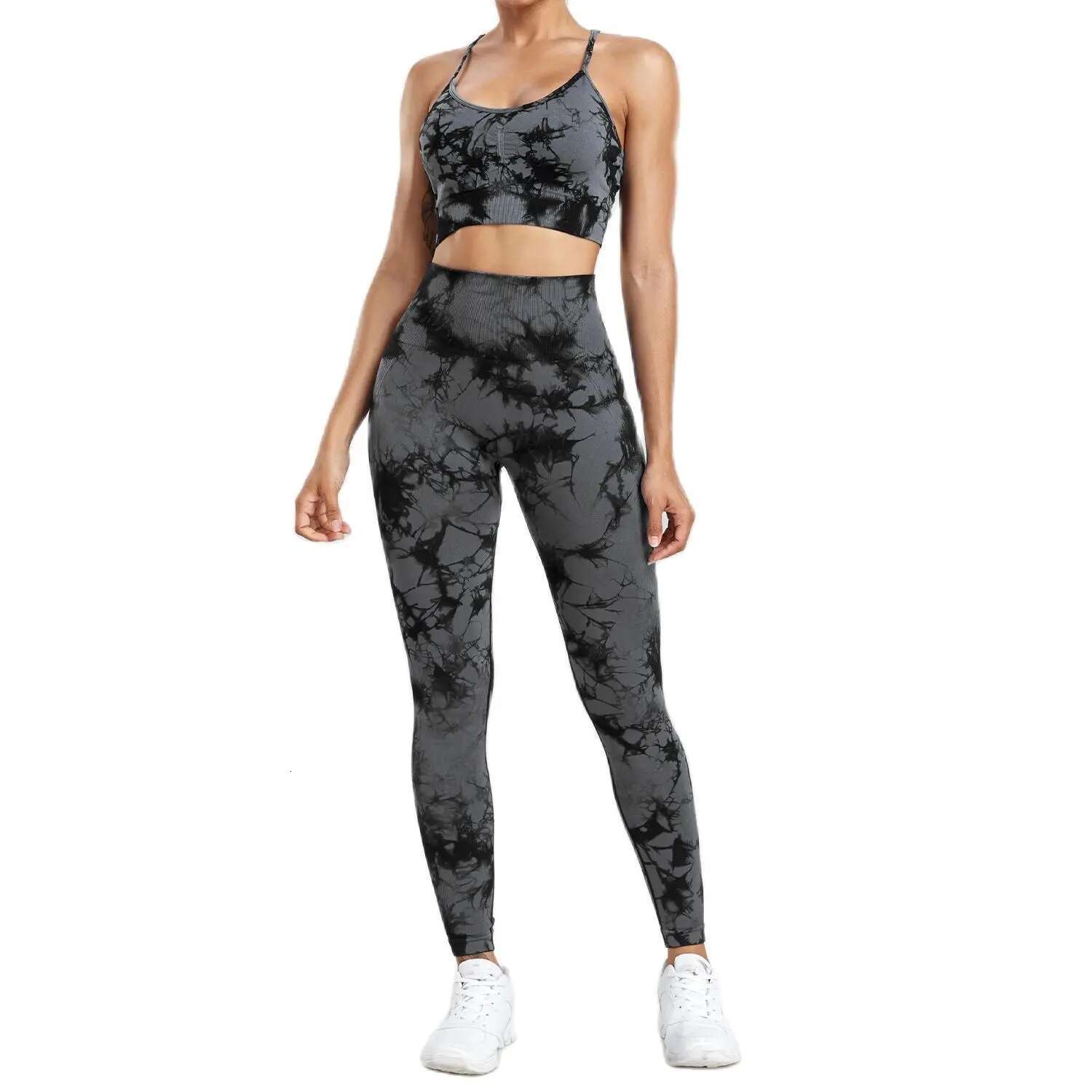CHRLEISURE Women Tie Dye Yoga Set Seamless Fiess Suit Workout Legging With Running Bra Activewear Female Elastic Gym Wear