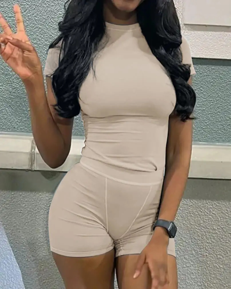 Casual Workout Two Piece Outfits for Women Fitted Crew Neck T-shirt High Waist pants Matching Sets Streetwear 250228