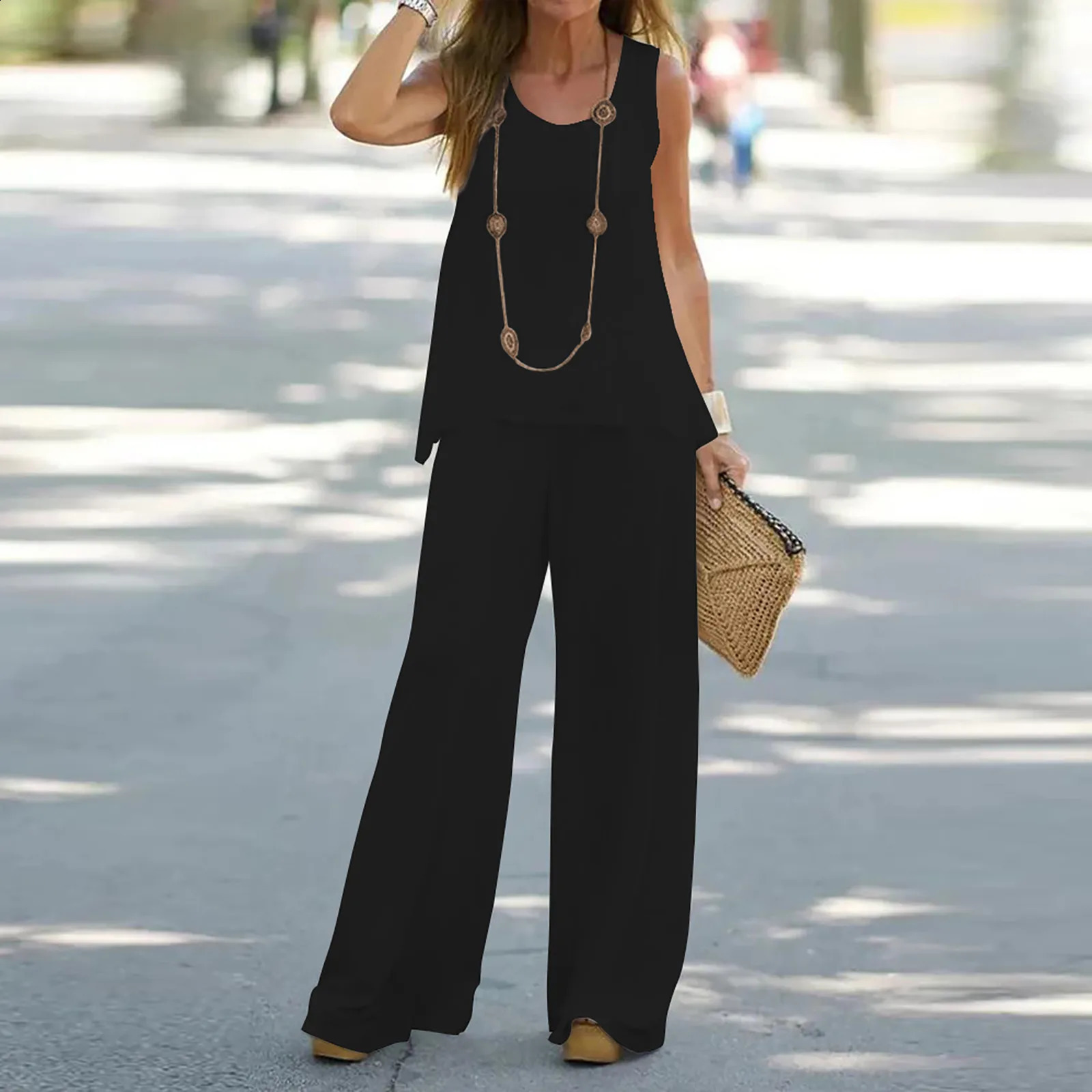 Cotton linen two-piece womens summer casual vest O-neck top and straight pants set womens 2PCS set streetwear 250225