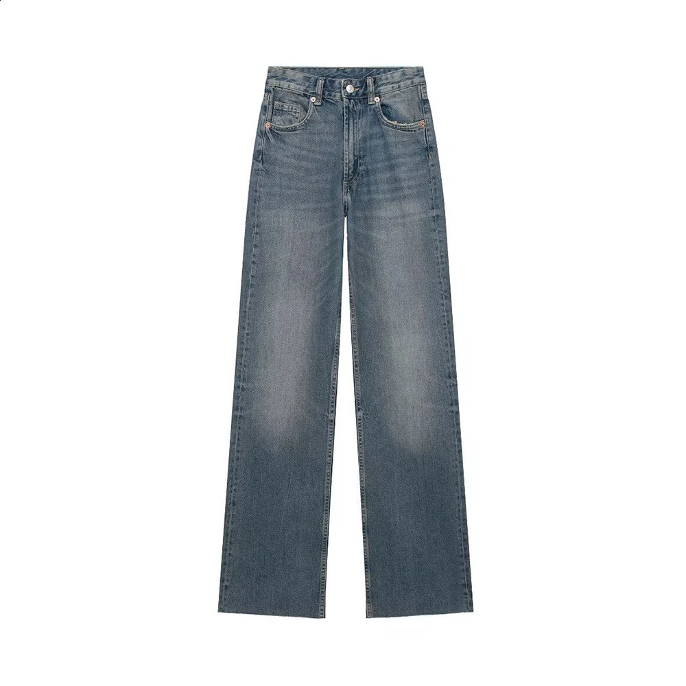 White Jeans for Womens Straight Pants High Waisted Pockets Gradient Elegant Chic Denim Trousers Fashion Causal Jeans 250225