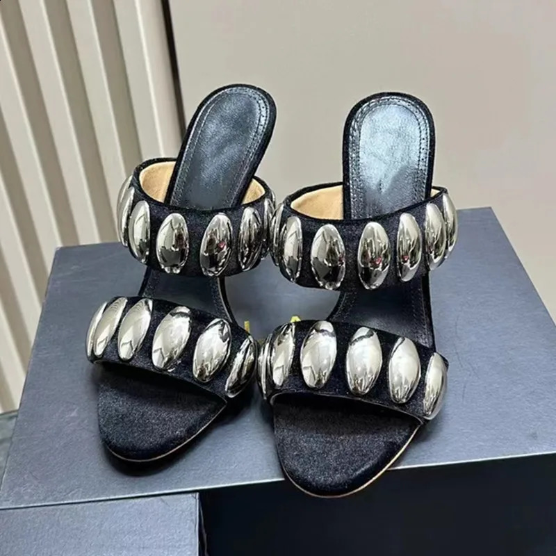 Summer Metal Decor Women Slippers Sandals Fashion Banquet Rivet Stiletto high Heels Suede Pumps Female Mules Slides 250228