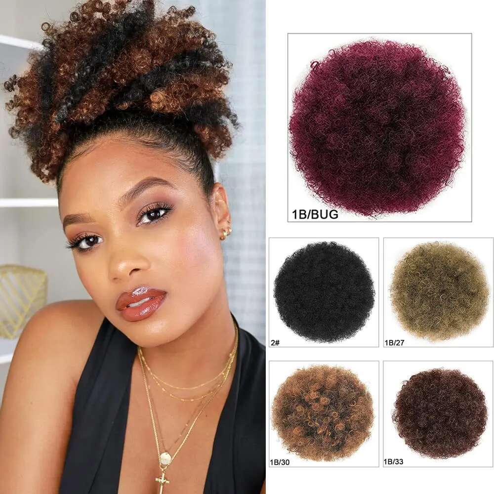 Synthetic Afro Puff Extension For Black Women Clip On Kinky Drawstring Curly Ponytail Bun