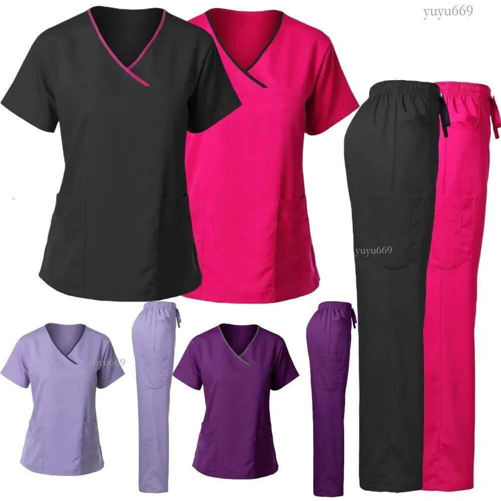 Suits Multicolour Jogger Doctor Nursing Uniforms Short Sleeve V-Neck Tops Pocket Pants Nurse Scrubs Set Clinical Clothes 2