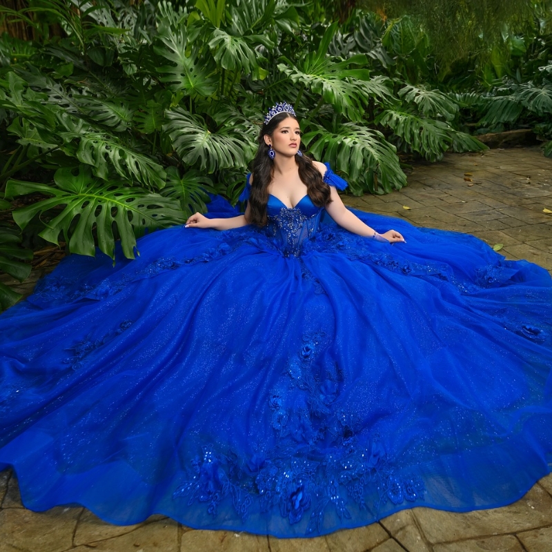 Royal Blue Shiny Quinceanera Dresses Ball Gown Off Shoulder Applique Lace Bow Beads Tull Corset Sweet 16 Dress Vestidos 15 De Anos