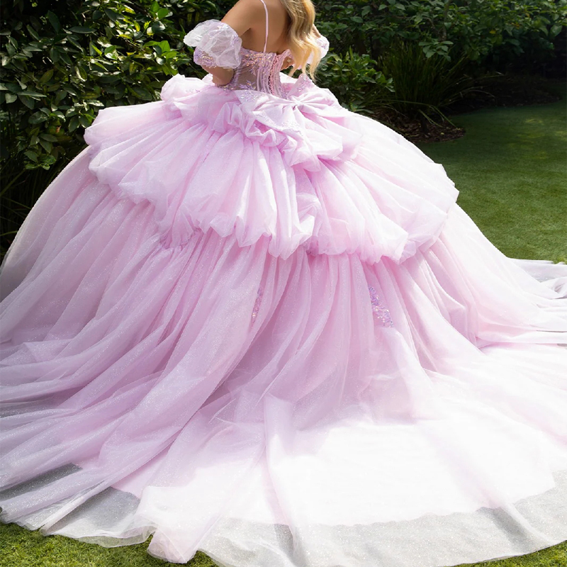 Pink Shiny Quinceanera Dresses Ball Gown Spaghetti Strap Applique Bow Beads Tull Corset Sweet 16 Dress Vestidos 15 De Anos