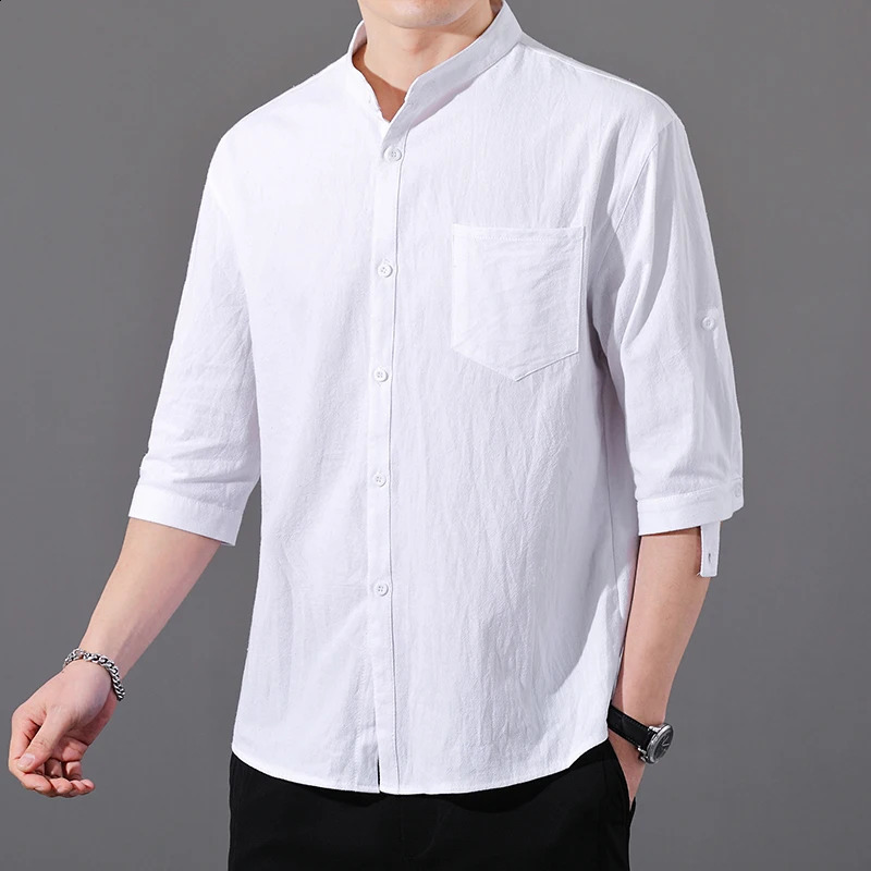 Three Quarter Sleeve Shirts Summer Cotton Linen Mens Solid Color Stand-Up Collar Casual Beach Style Shirt Tops 250225