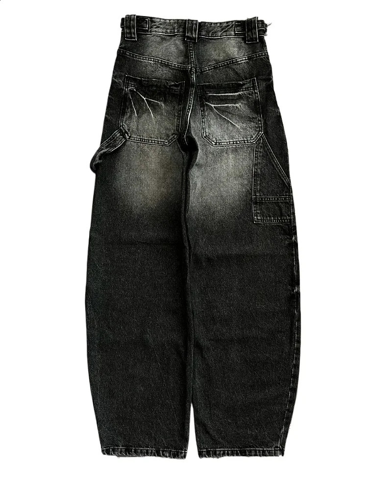 American fashion trend multi pocket washed straight jeans for womens street Y2K hip-hop loose mop wide leg jeans unisex jeans 250224