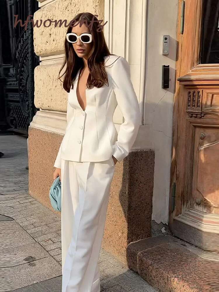 Designer Women White 2 Pieces Set Deep V-Neck Single Breasted Blazer Coat High Waist Pants Female Chic 2025 Spring Office Lady Outfits