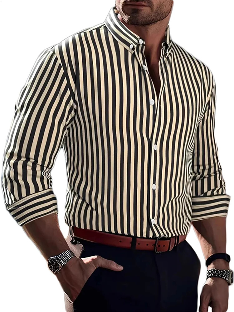 Streetwear Vintage Striped Shirt For Mens Long Sleeve Button-up Turn-down Collar Shirts Men Clothes Spring Casual Cardigan Tops 250224