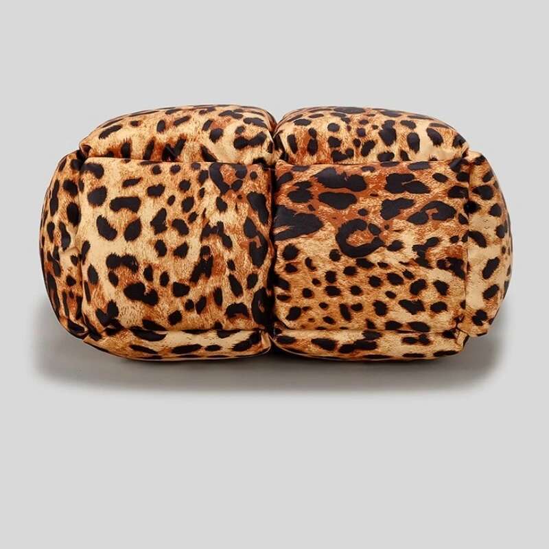 Women Leopard Design Puffy Handbag Large Capacity Quilted Space Down Feather Padded Cotton Tote Bag Winter Warm Shopping Purse