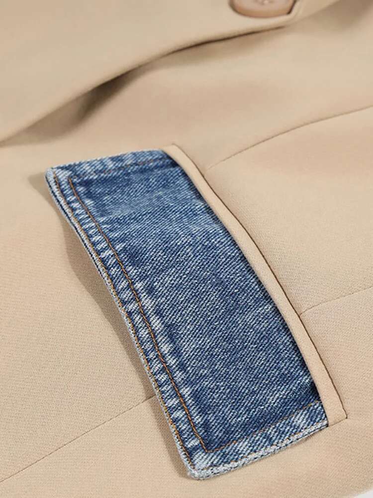 DEAT Women's Blazer Notched Collar Patchwork Denim Khaki Long Sleeve Suit Coat 2025 Spring New Fashion 29L1530