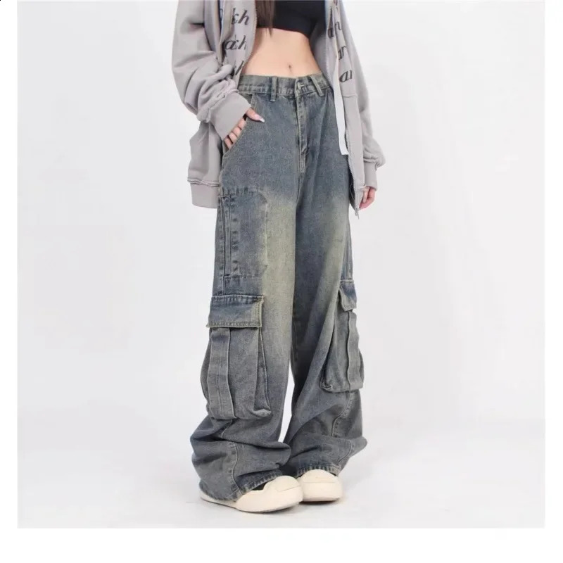 Vintage American Style Distressed Jeans Autumn Men Womens Couple High Street Multi-Pocket Draped Casual Work Trousers 250226