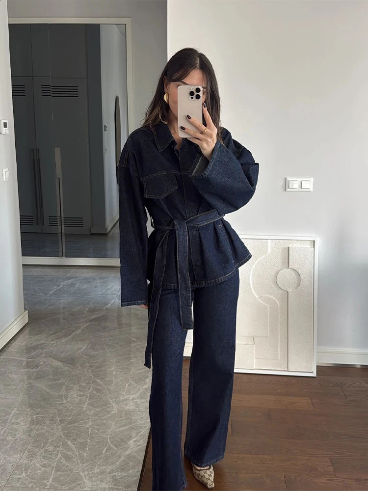 Vintage Women Denim Pants Set Laple Single Breasted Long Sleeve Belt Jackets Wide Leg Jeans Female Suit Chic Lady Outfits 250225
