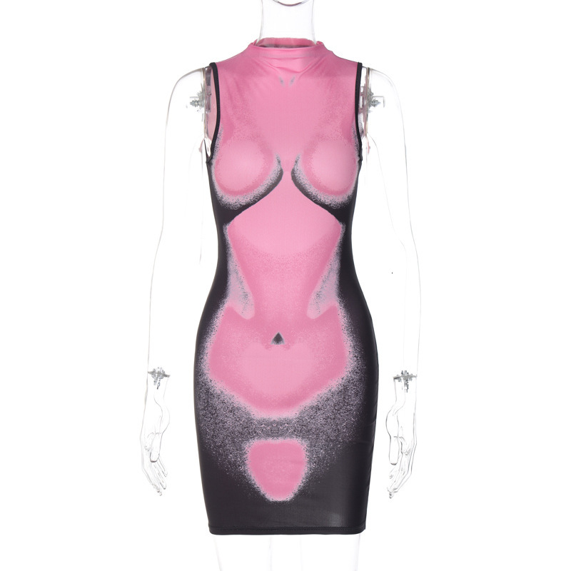 Wind Women's New Summer New Fashionable Printed Slim Fit Round Neck Sleeveless Hip Hugging Dress