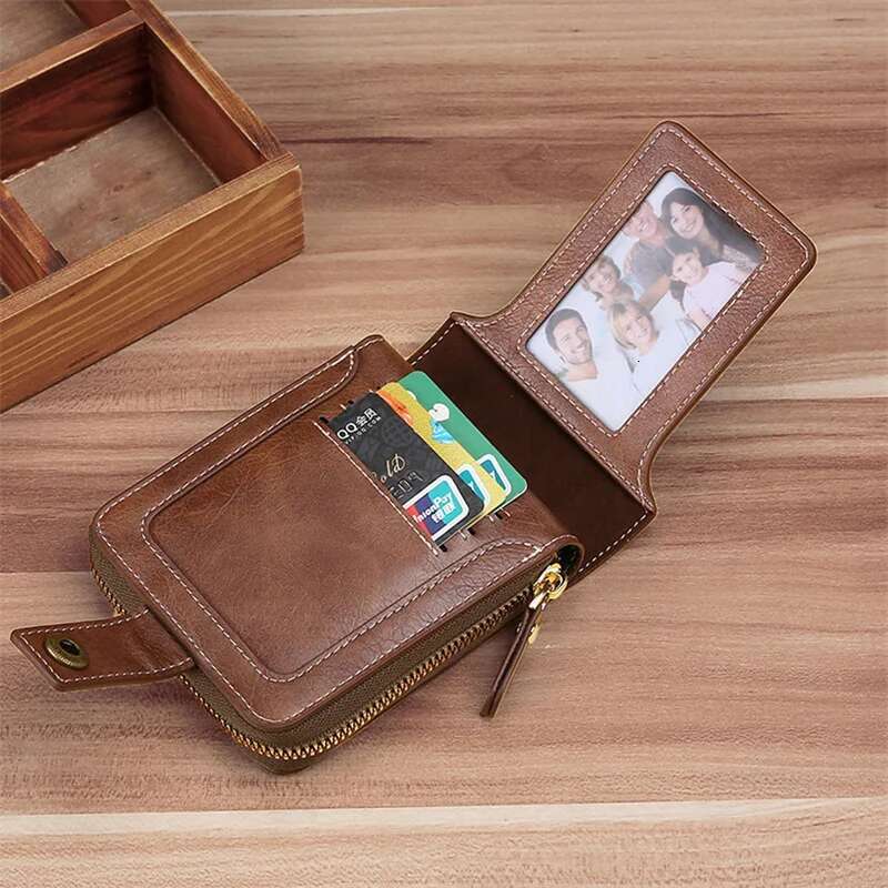 Retro Men's Short Strap Zipper Multi Slot Wallet Solid Color PU Leather High-quality And Durable Wallet Convenient For Men's Wear