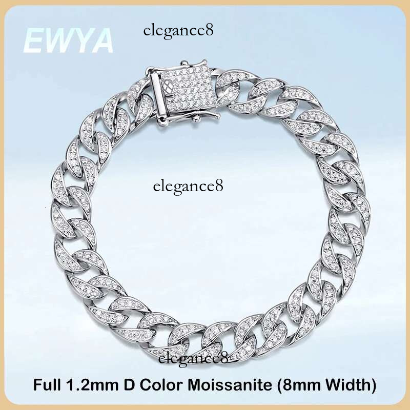 EWYA Full 1.2mm D Color Moissanite Cuban Chain Bracelet For Men Women S Sier Pass Dia Test 8mm Wide k Bracelets Gift
