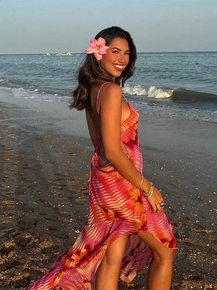 Sexy Camisole Printed Pleated Edge Womens Dress Fashion Colorful Backless High Slit Slim Fit Long Skirt Ladies Beach Wear 250226