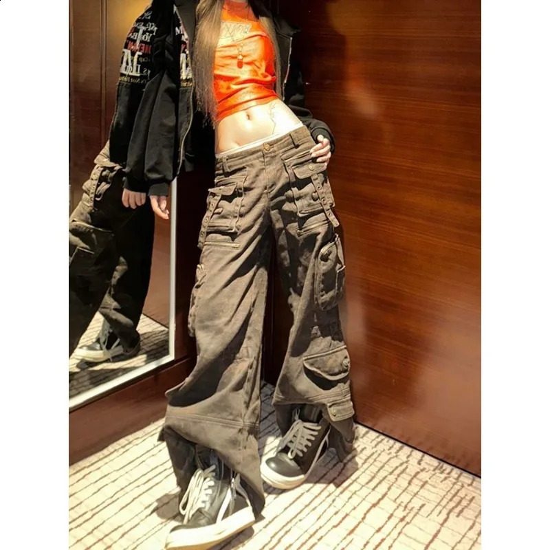 Y2K fashion heavy industry multi pocket work jeans for women retro washed hip-hop girls loose and casual high waist wide leg jeans 250224