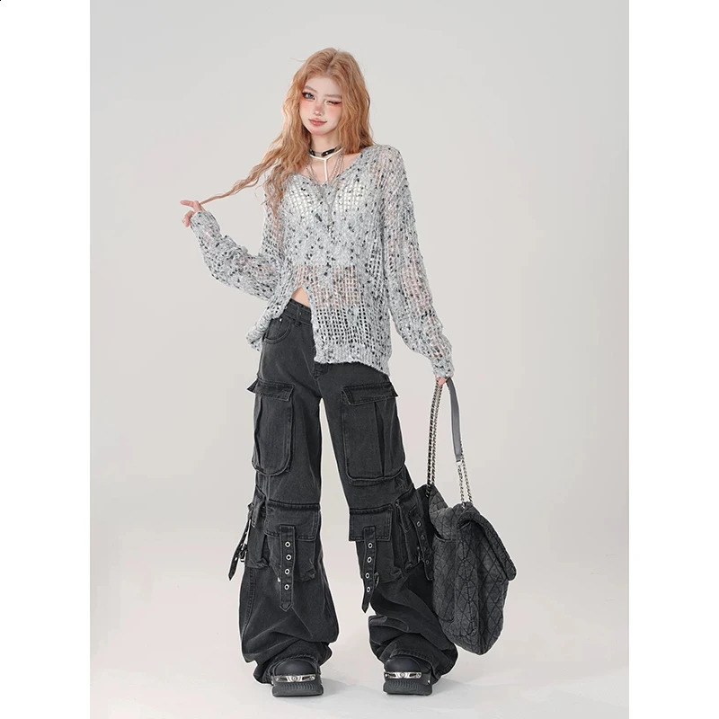 Womens Y2k Japanese streetwear merchandise pants denim pants American retro Gyaru 2000s retro Grunge jeans 250225