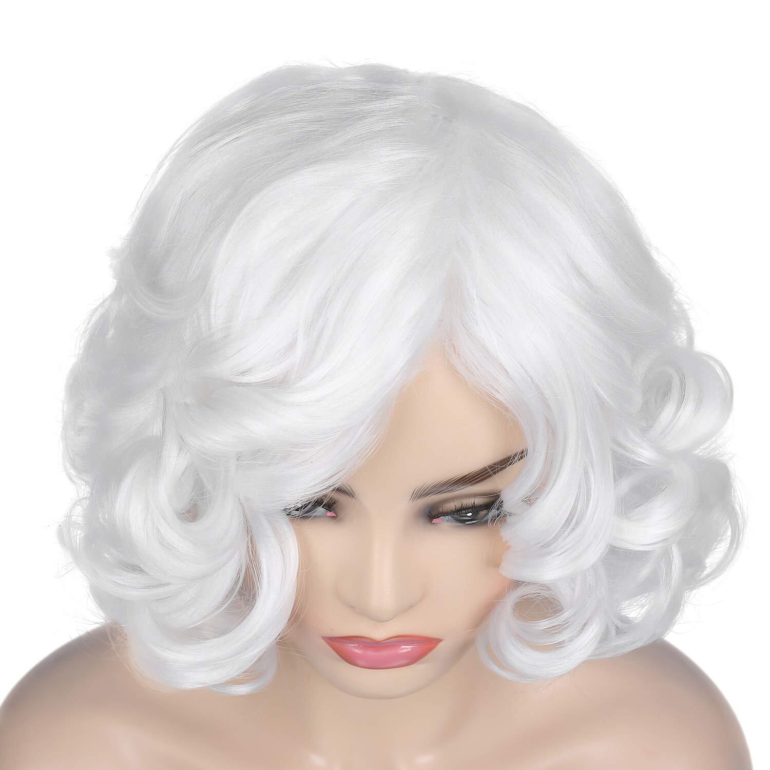 Baruisi Women's Short Curly White Synthetic Natural Wave Clothing Wig Role Playing Party