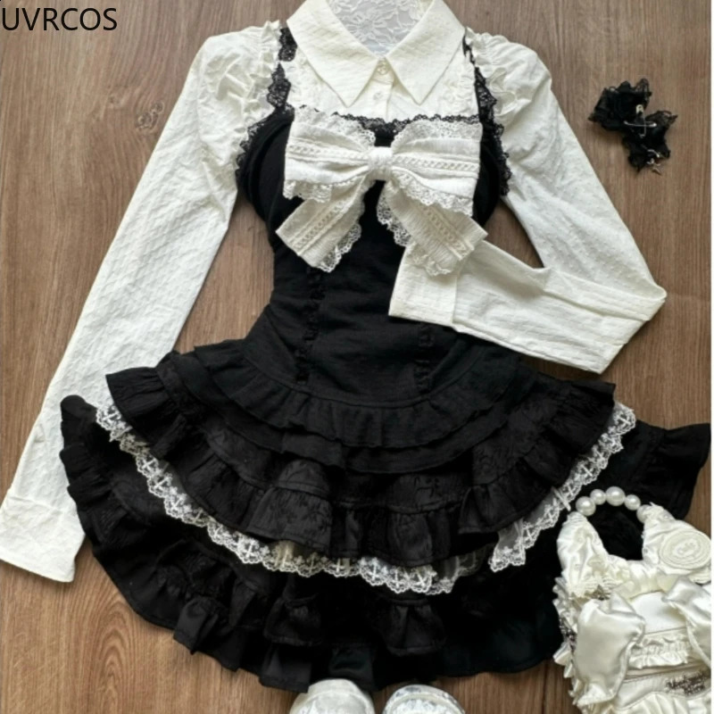 Y2k Aesthetic Lolita Style 3 Piece Set Women Kawaii White Shirt Bow Lace Vest Ruffle Mini Skirts Japan Fashion Gothic Skirt Suit 250225