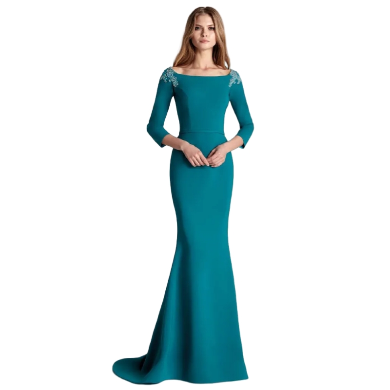Elegant Hunter Mermaid Mother Of The Bride Dresses 3/4 Long Sleeves Simple Satin Wedding Party Gowns Lace Appliques Sweep Train Formal Evening Dress