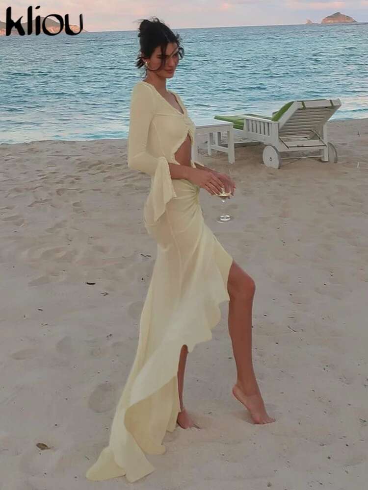 Kliou Solid Mesh Maxi Dresses Women Patchwork Hollow Out Long Sleeve Asymmetrical Beach Style Bodycon Female Concise Attirewear