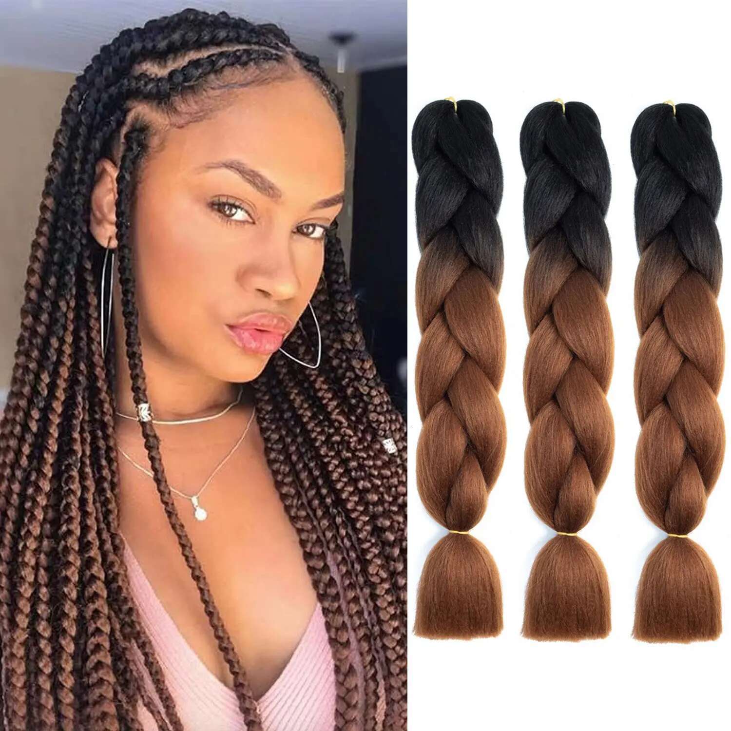 1Pcs Ombre Synthetic 24 Inch High Temperature Fiber Extensions For Box Braids Braiding Hair