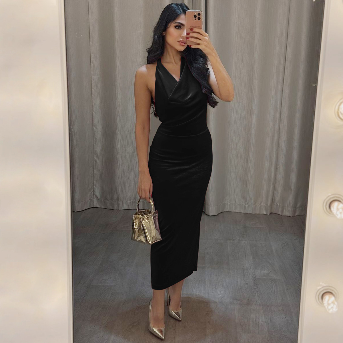 Women's Clothing 2025 Spring/Summer New Product Fashionable And Sexy Backless Slit Hanging Neck Lace Up Sleeveless Dress